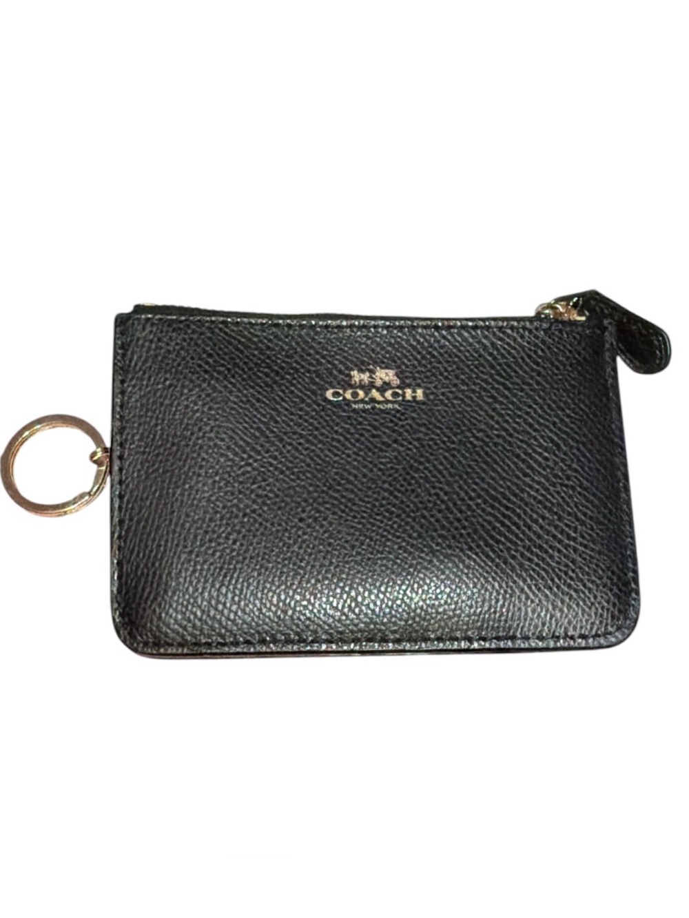Coach Black Pebbled Leather Zip Card Pouch with Gold Logo